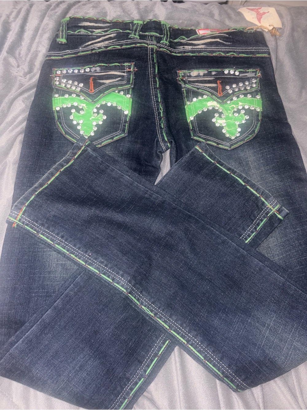 Laguna Dark Wash Jeans with Neon Green Stitching and Embellished Back Pockets